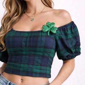 Green Plaid Puff Sleeve Crop Top – Blackwatch Off Shoulder